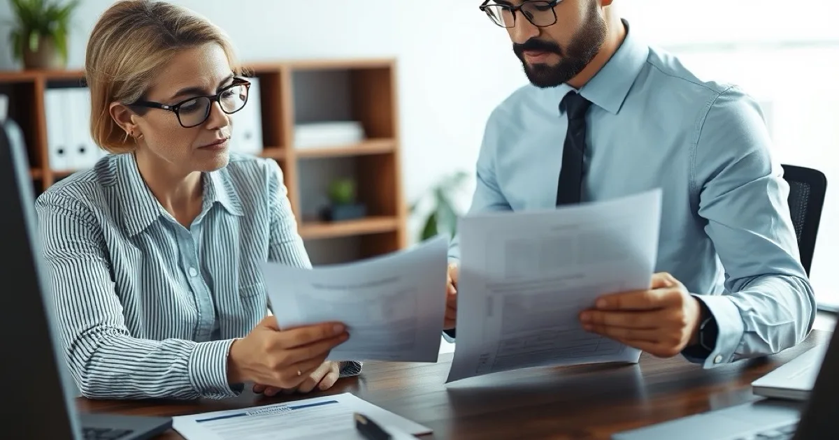 Courtier en costume expliquant un contrat d'assurance à un artisan dans son atelier, avec des documents posés sur une table