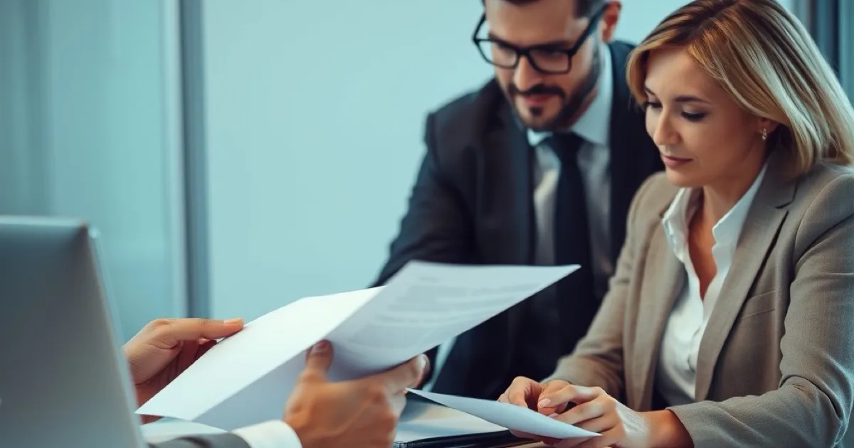 Un courtier en costume assermentant un document de bail commercial à un client, dans un bureau lumineux avec des dossiers ouverts.
